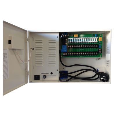 White metal CCTV power supply box with multiple fuse slots and black power cables inside