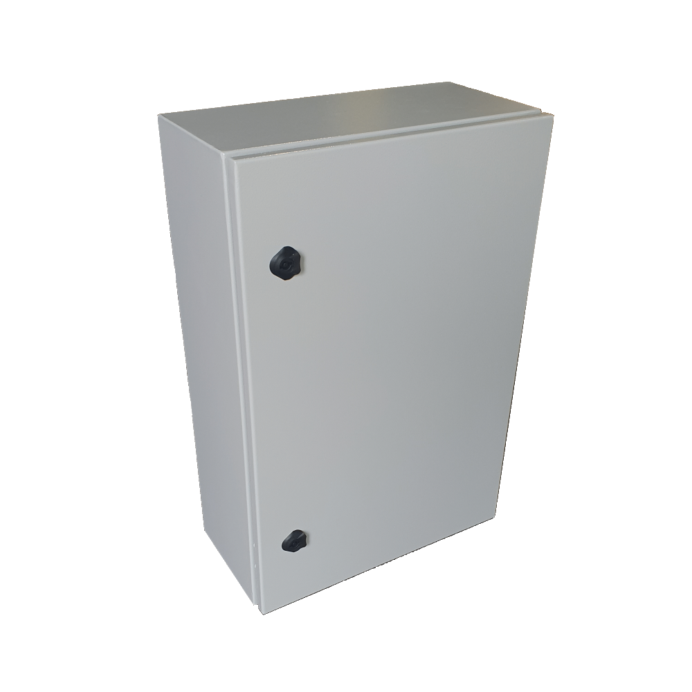 Gray metal electrical enclosure box with two black locking knobs for secure equipment housing