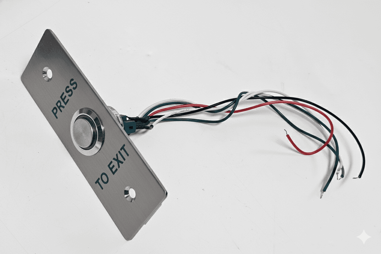 Slim exit button with a polished metal finish and wire connections for secure entry control