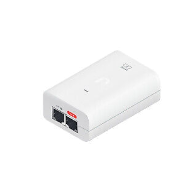 Ubiquiti white PoE injector with in and out Ethernet ports for network power delivery