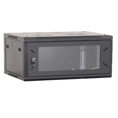 Black data rack enclosure with transparent front door key lock for CCTV racks and enclosures