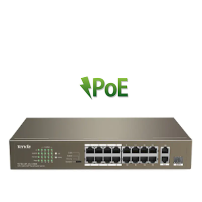 PoE network switch with multiple Ethernet ports for power over Ethernet connectivity in networking equipment