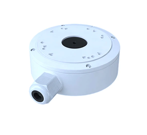 White NYX junction box for CCTV camera mounts with cable entry and screw holes