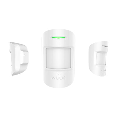 Ajax white motion detector security sensor with green indicator light shown from three angles
