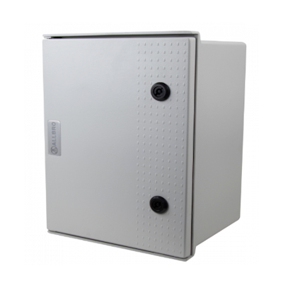 Grey fibreglass electrical enclosure box with secure locking knobs for industrial use