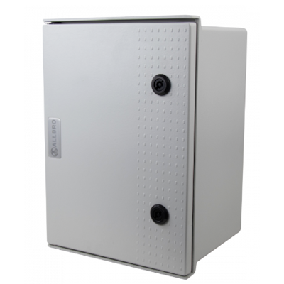 White fibreglass electrical enclosure box with lockable black knobs for secure equipment housing