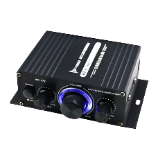 Compact black mini amplifier for CCTV with volume and tone control knobs and blue LED ring