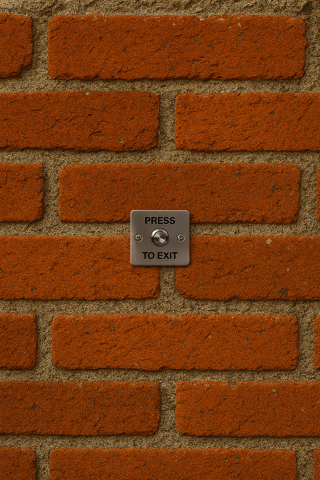 Metal press button mounted on a brick wall, serving as an exit button for door access