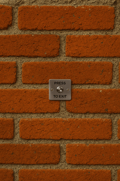 Metal press button mounted on a brick wall, serving as an exit button for door access
