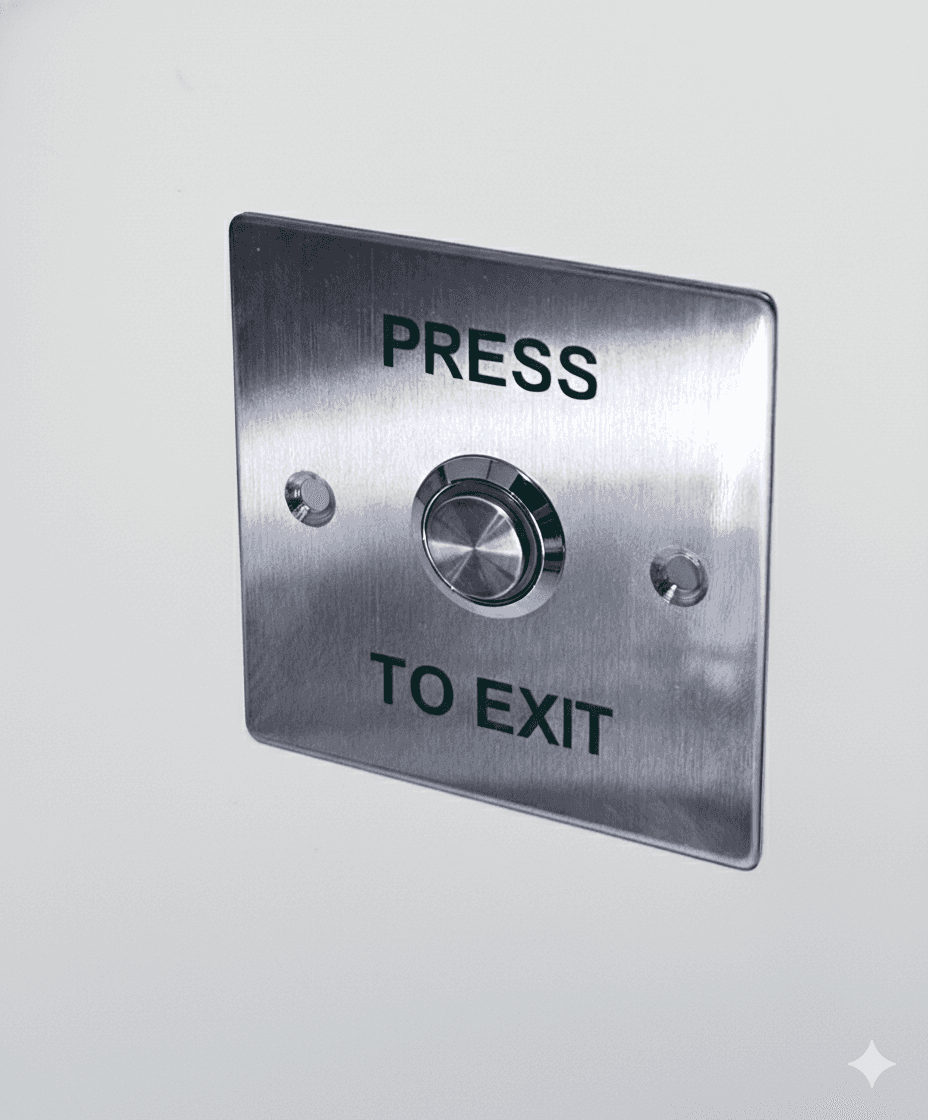 Stainless steel exit button for door access with press to exit instructions