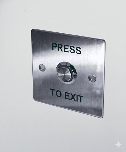 Stainless steel exit button for door access with press to exit instructions