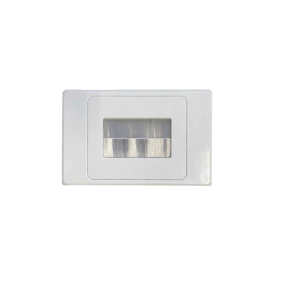 White cable brush plate with rectangular brush opening for cable management and protection