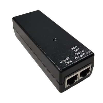 Black gigabit data power injector with dual ethernet ports for 30W 56V data and power transmission