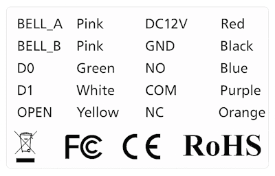 Wiring diagram for KP SLIM keypad access control with color-coded connections and specifications