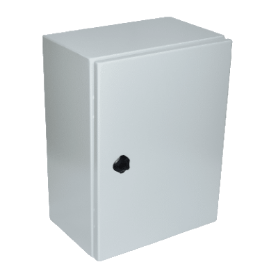 White metal electrical enclosure box with black lock knob for secure wiring protection