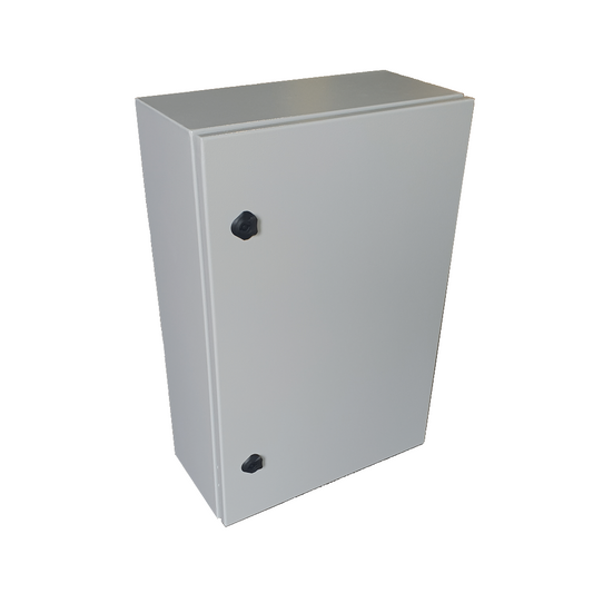 Gray metal electrical enclosure box with two black locking knobs for secure equipment housing