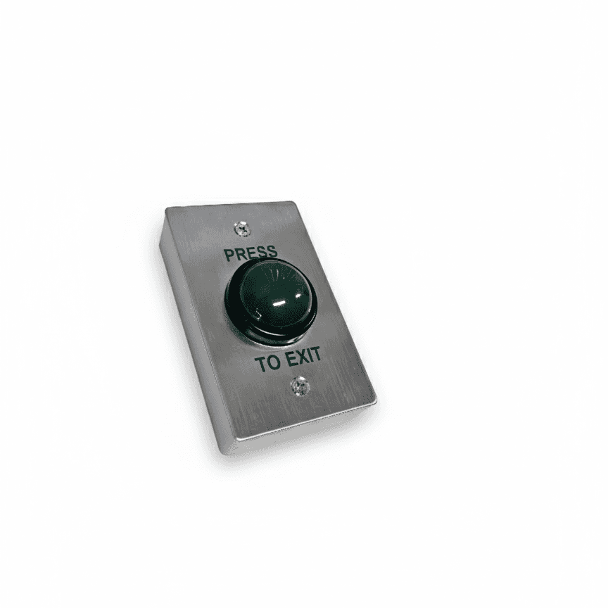 Mushroom exit button in stainless steel finish for easy access and secure exits