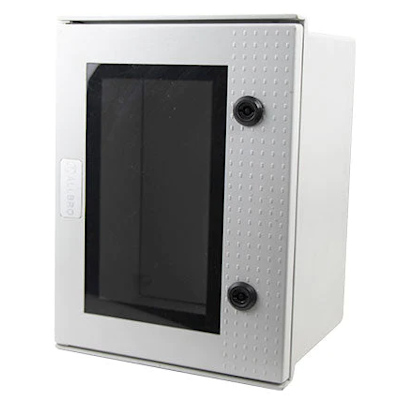My Store grey fibreglass electrical enclosure box with black transparent door and two locking knobs