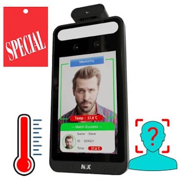 NYX face recognition temperature scanner showing a man's temperature and ID match on screen