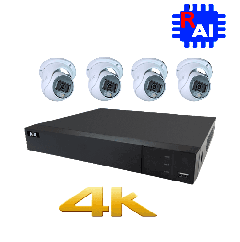 NYX 6MP AI Security Camera Kit with four 4K cameras and a sleek black DVR for home surveillance.
