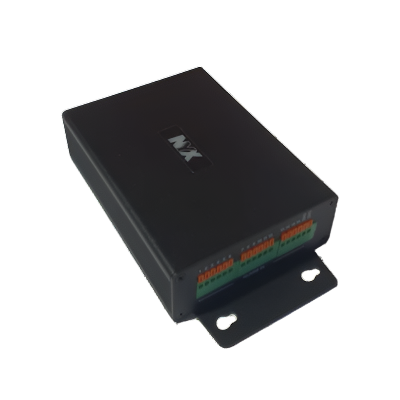NYX alarm extension module black metal casing with multiple terminal connectors for security systems