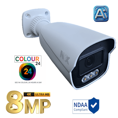 NYX B8FL COLOUR24 8MP security camera with 4K Ultra HD resolution and night vision capabilities