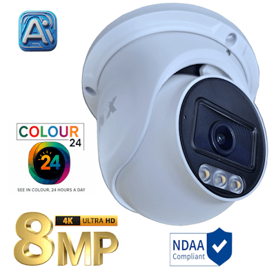 NYX D8FL COLOUR24 CCTV camera featuring 8MP resolution and 4K Ultra HD quality for 24-hour monitoring