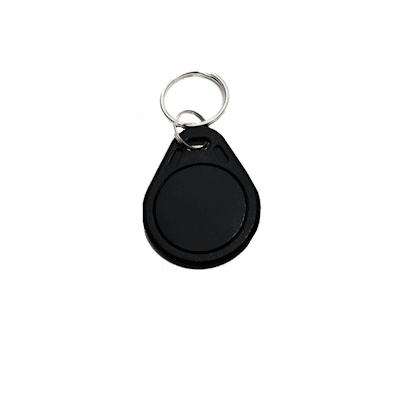 Black NYX fob key tag with round shape and metal key ring for easy attachment