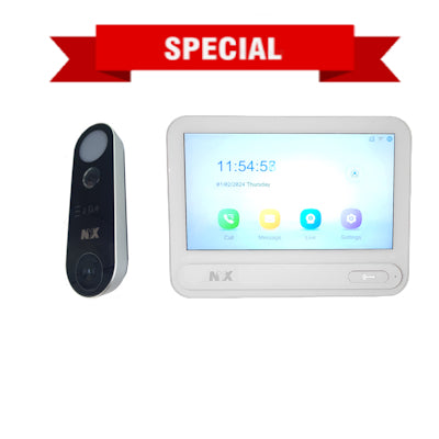 NYX IP video doorbell kit with black video doorbell and white touchscreen monitor