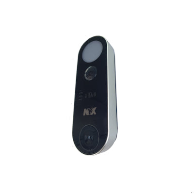NYX IP View+ video doorbell with black and white sleek design and camera lens for home security