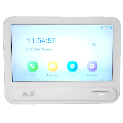 NYX Multistation video intercom with touchscreen display showing call message live and settings icons