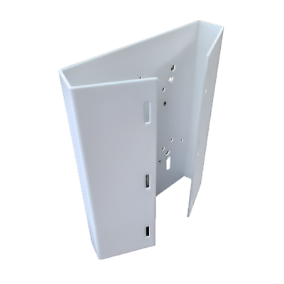 White NYX pole mount bracket with multiple mounting holes and shielded design for secure installation