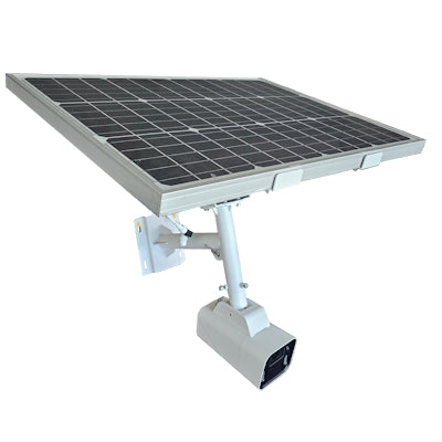 NYX SOLAR 1 security camera mounted under a large solar panel with adjustable arm by NYX CCTV