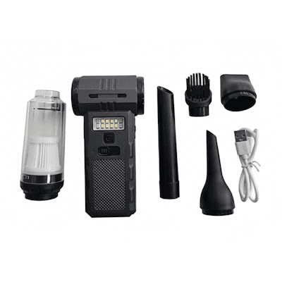 PA-208BK blower vac kit with various nozzles, USB cable, and built-in light for easy cleaning