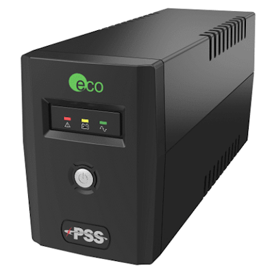 PSS Eco black uninterruptible power supply UPS with indicator lights and power button