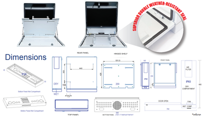 Security monitor cabinet with mount for a screen with fold-down NVR mount and weather-resistant seal detailed with dimensions