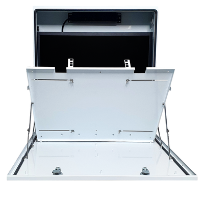 White security monitor cabinet with mount for a screen with fold-down NVR mount open showing internal structure