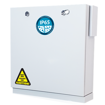 Security monitor cabinet with mount for a screen with fold-down NVR mount in white metal case with IP65 rating