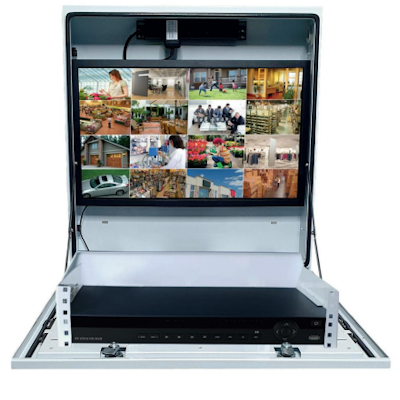 Security monitor cabinet with mount for a screen with fold-down NVR mount displaying multiple surveillance camera feeds