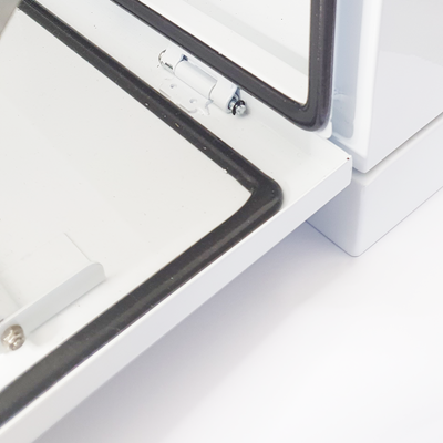 Close-up of security monitor cabinet with mount for a screen with fold-down NVR mount showing door hinge and seal