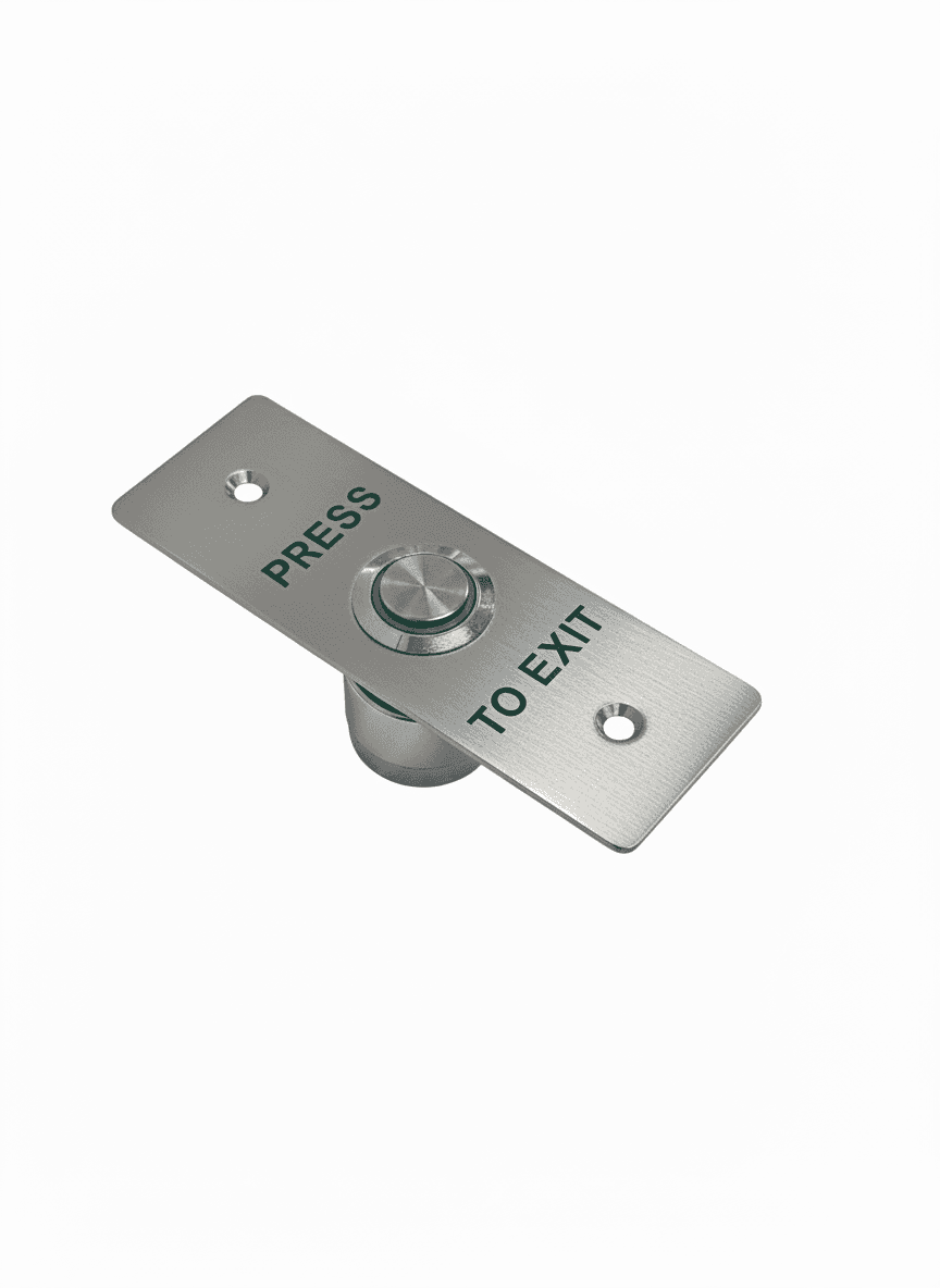 Slim exit button with stainless steel finish and clear 'Press To Exit' instructions for easy access