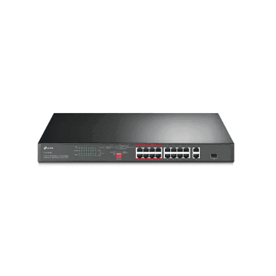 16 port PoE switch for CCTV with multiple ports and LED indicators for network management