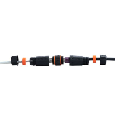T3 waterproof cable connector with locking rings and orange sealing rings for secure electrical connections
