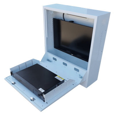 White metal enclosure with a mounted monitor and black electronic device inside from CCTV Supplies
